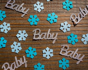 Ljusblå, blågrön och silverfärgad snöflingekonfetti för babyshower