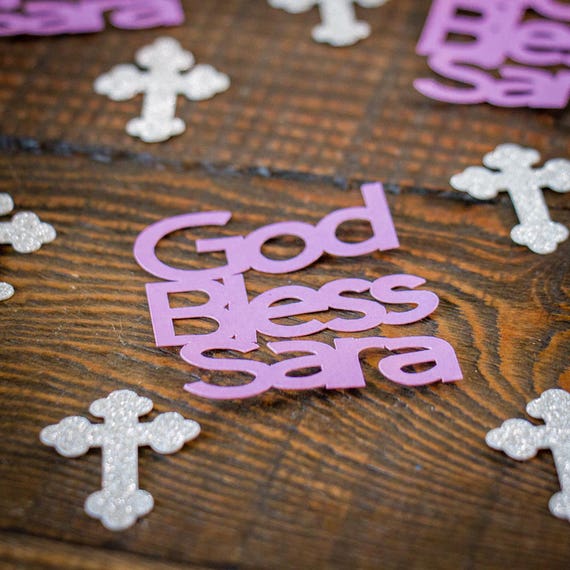 Purple and Silver Personalized God Bless Baptism First Communion Confetti