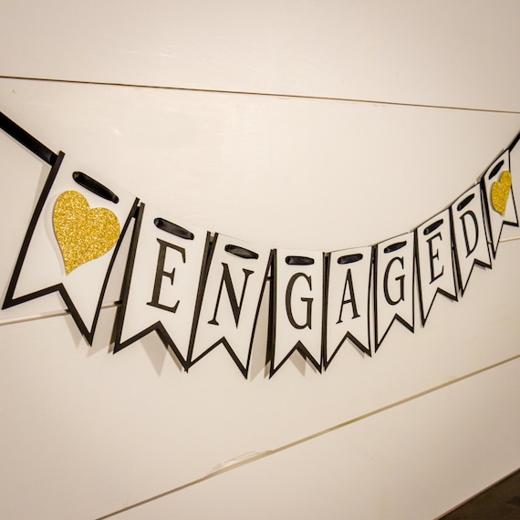 Engaged Banner: Gold Glitter Heart, Engagement Party Decor