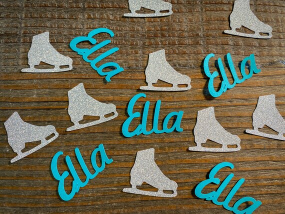 Personalized Name Silver and Teal Ice Skating Birthday Party Confetti