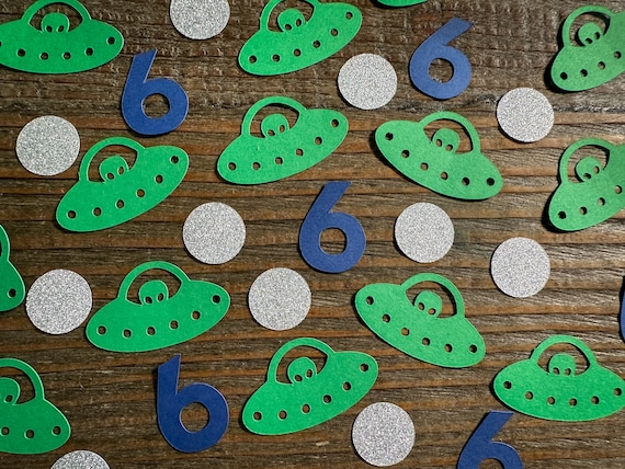 Green UFO with Alien Space Party Confetti with Blue Numbers