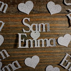 Personalized Engagement Confetti with Two Names and Hearts Print Silver