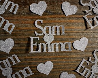 Personalized Engagement Confetti with Two Names and Hearts Print Silver