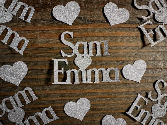 Personalized Engagement Confetti with Two Names and Hearts Print Silver