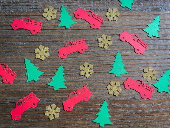 Red Truck, Christmas Tree Gold Snow Holiday Party Confetti