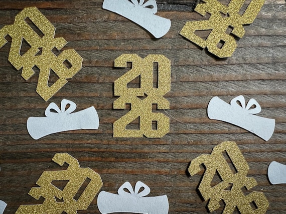 Glitter Gold Graduation Party Confetti with Diplomas Stacked Year