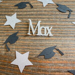 Personalized Silver and Black Graduation Confetti with Silver Stars