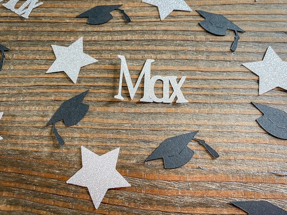 Personalized Silver and Black Graduation Confetti with Silver Stars