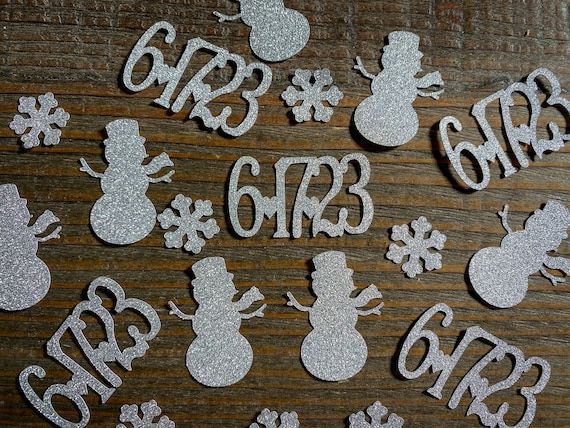 Personalized Silver Date, Snowman, and Snowflake Engagement Wedding Confetti