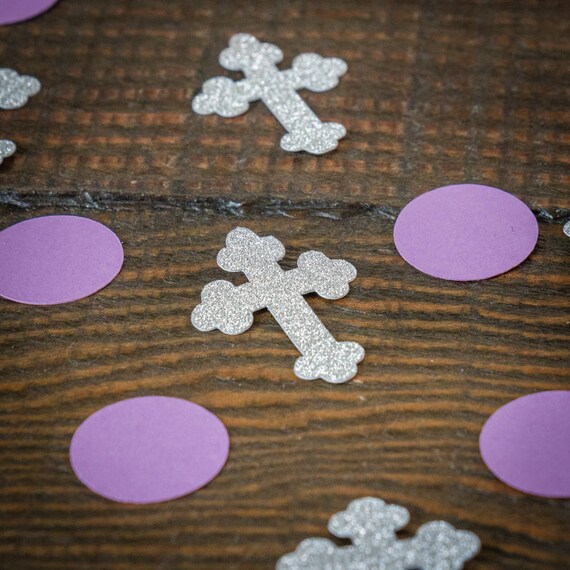 Silver Cross and Purple Circle Baptism First Communion Confetti