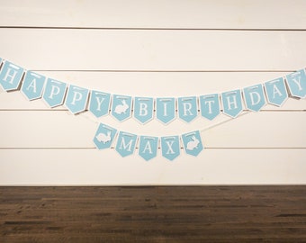 Personalized Blue and White Bunny Happy Birthday Banner