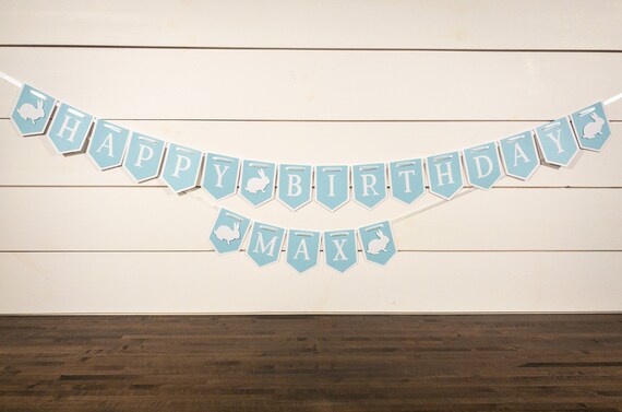 Personalized Blue and White Bunny Happy Birthday Banner
