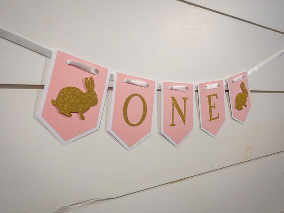 Pink and Gold Bunny First Birthday One Banner