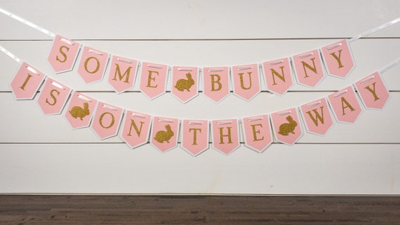 Pink and Gold Somebunny is on the Way Bunny Baby Shower Banner