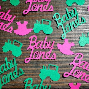 Confeti para fiesta de revelación de género con tractores o tutús personalizados