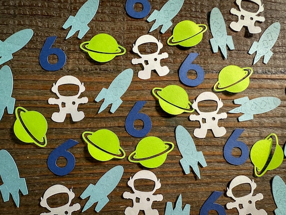 Astronaut Space Party Confetti with Personalized Age Green and Blue
