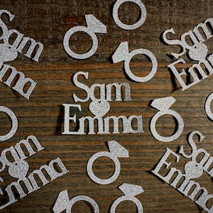 Silver Personalized Engagement Confetti with Two Names and Rings Print
