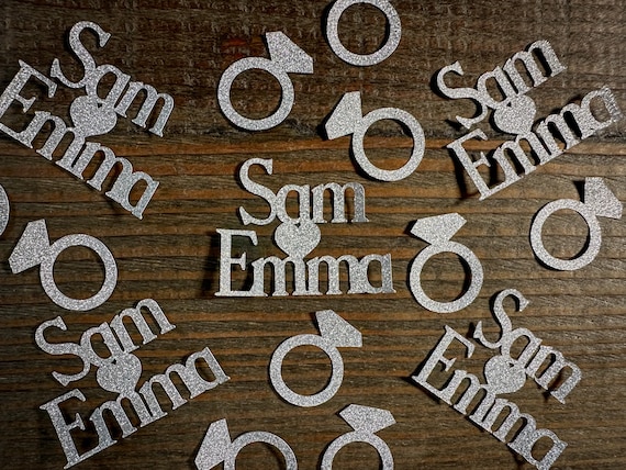 Silver Personalized Engagement Confetti with Two Names and Rings Print