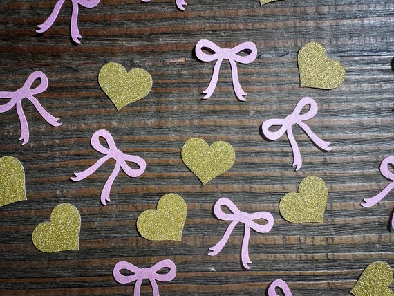 Pink Bow She's Tying the Knot Bridal Shower Confetti with Gold Hearts