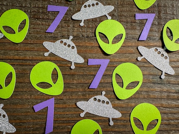 Alien and UFO Party Confetti Personalized Purple Age, Out of This World Confetti