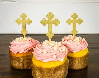Gold Cross Baptism First Communion Cupcake Toppers