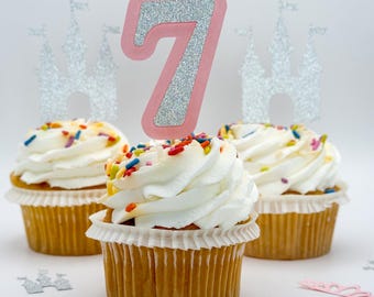 Princess Cupcake Toppers Set of 12 – Castle & Custom Age Toppers – Fairytale Birthday Cupcakes