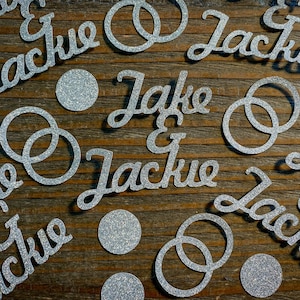 Silver Personalized Wedding Engagement Confetti with Two Names, Wedding Bands, and Circles