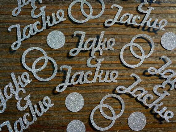 Silver Personalized Wedding Engagement Confetti with Two Names, Wedding Bands, and Circles