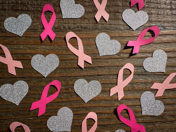 Breast Cancer Awareness Confetti: Pink Ribbon & Silver Heart Cardstock