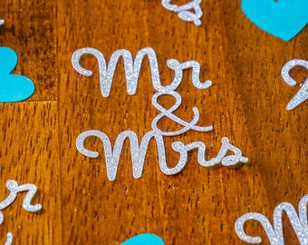 Silver Glitter and Teal Heart Mr and Mrs Wedding Confetti