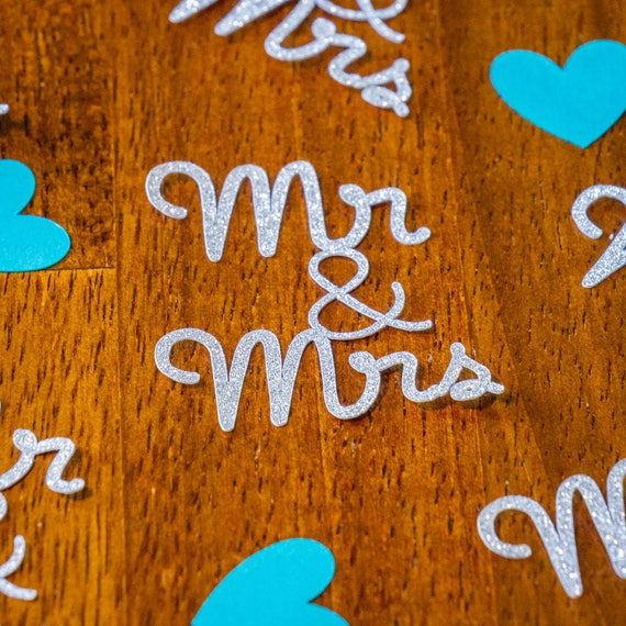 Silver Glitter and Teal Heart Mr and Mrs Wedding Confetti