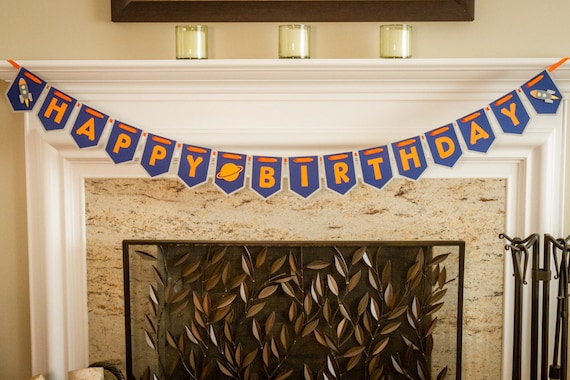 Blue, Orange, and Gray Space Birthday Party Banner