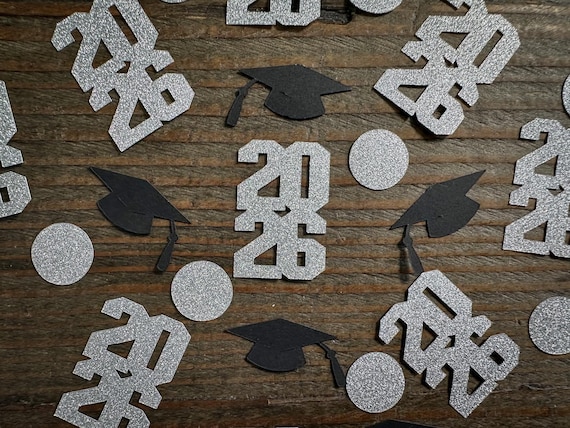Silver 2026 Graduation Party Confetti with Silver Circles and Black Caps