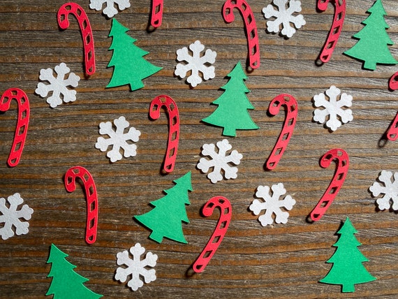 Candy Cane, Tree, and White Snowflake Winter Birthday Party Confetti