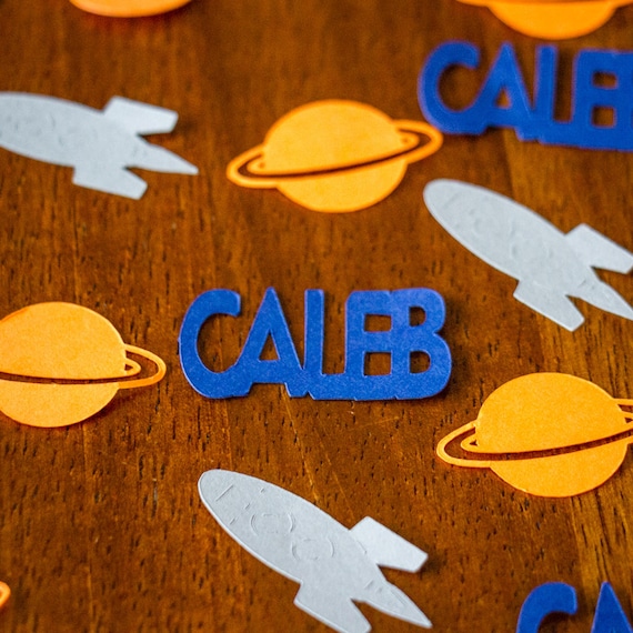Personalized Blue, Orange, and Gray Space Confetti