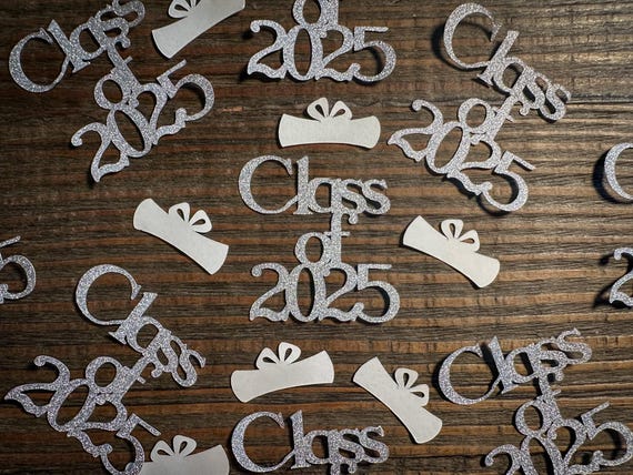 Silver Class of 2025 Graduation Confetti with Diplomas