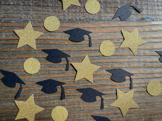 Gold and Black Graduation Party Confetti with Caps, Stars, and Circles