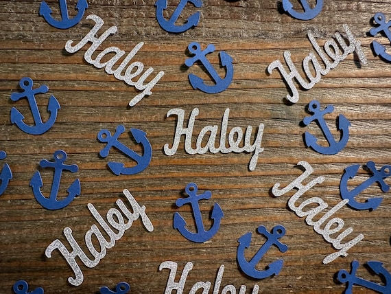 Personalized Silver and Navy Anchor Nautical Party Confetti