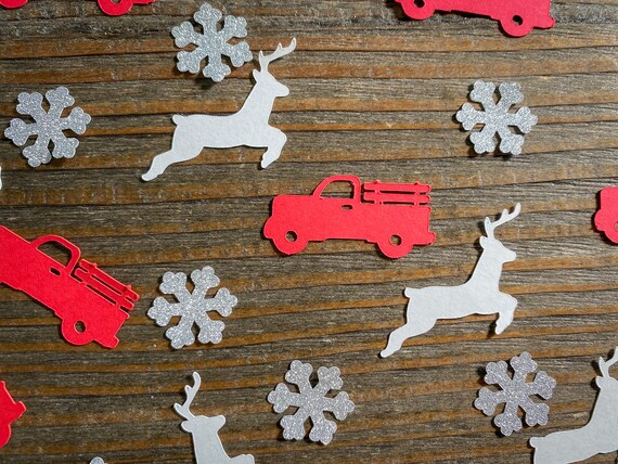 Red Truck, Reindeer, and Silver Snowflake Confetti