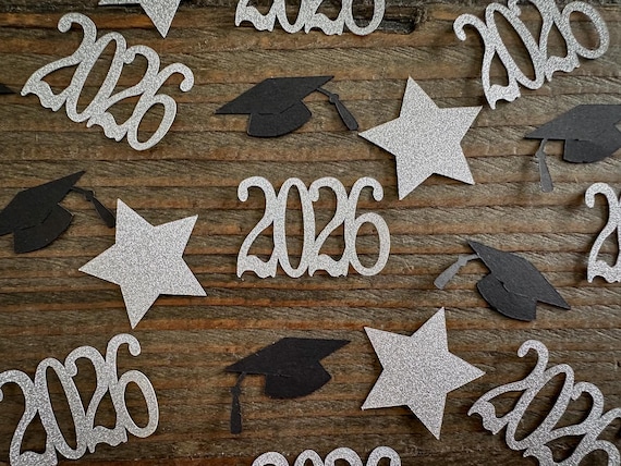 Silver 2026 Graduation Party Confetti with  Black Caps and Silver Stars
