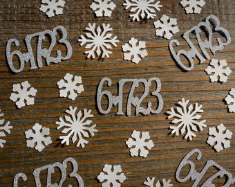 Personalized White Snowflake and Silver Wedding Date Confetti