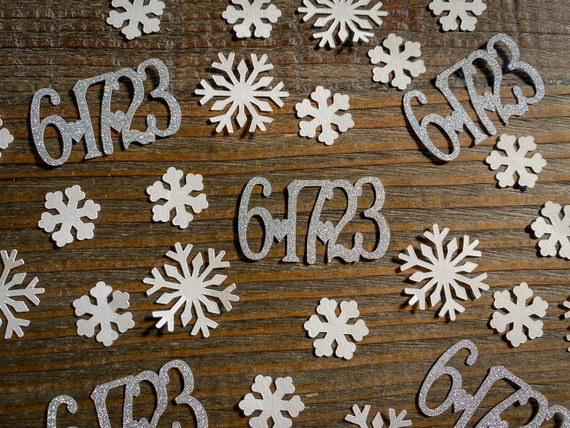 Personalized White Snowflake and Silver Wedding Date Confetti