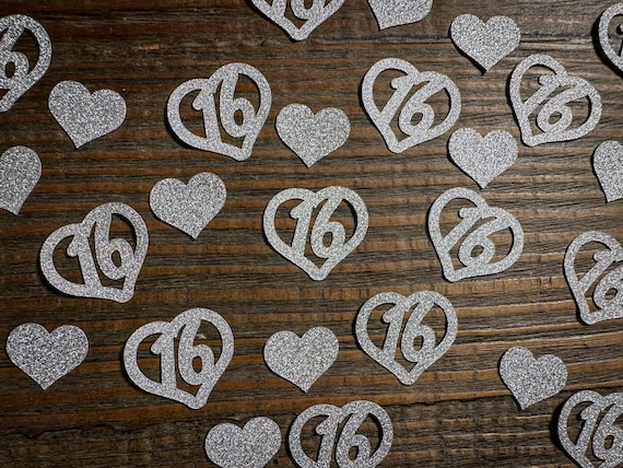 Silver Sweet 16 Confetti with Small Hearts