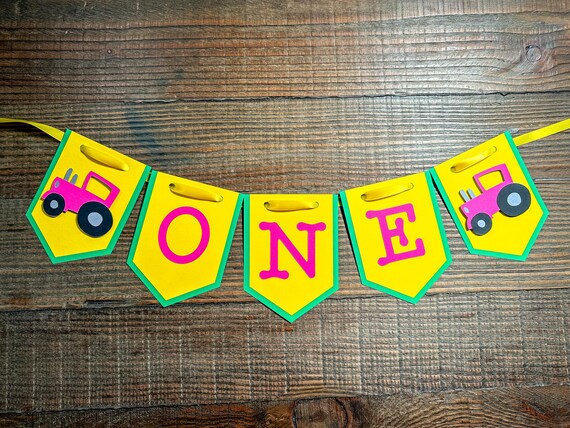 Tractor High Chair Banner Green Yellow and Pink