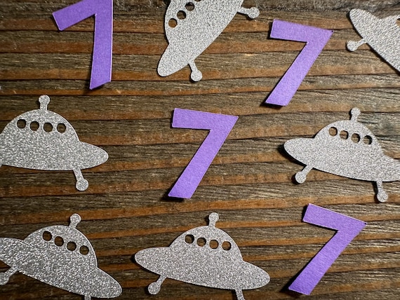UFO Alien Party Confetti with Custom Age Purple and Silver