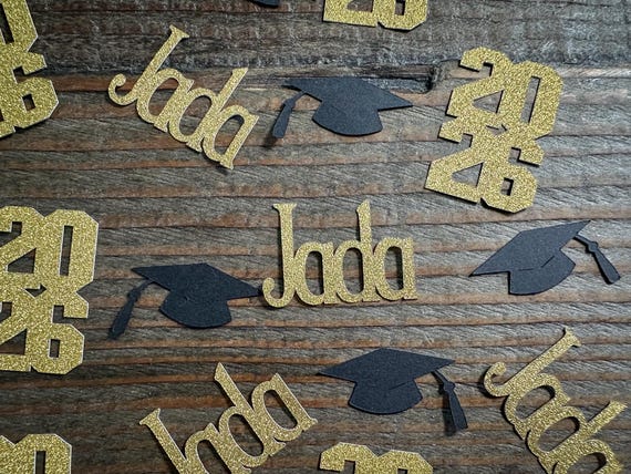 Personalized Gold 2026 Graduation Party Confetti with Graduation Caps Stacked Year