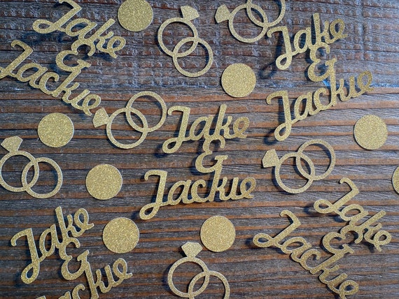 Gold Personalized Engagement Wedding Confetti with Entwined Rings