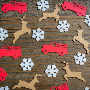 Roter LKW, Rentier, weiße Schneeflocke Urlaubsparty Confetti