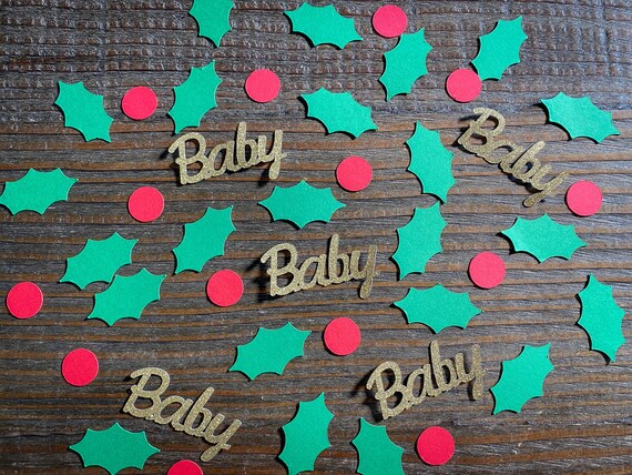 Holly Leaves, Berries, and Gold Baby Shower Confetti