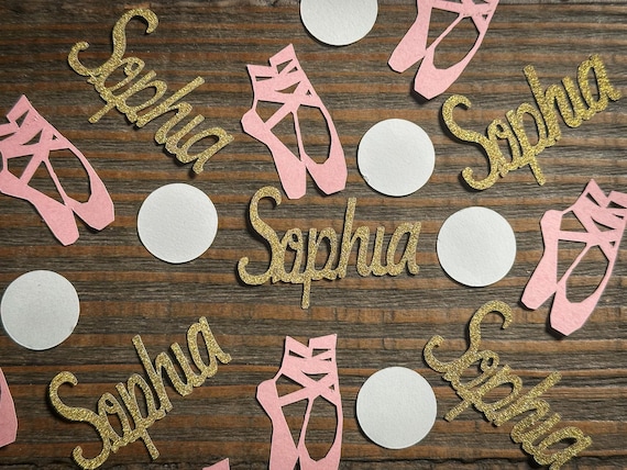 Personalized Name and Ballet Slipper Confetti – Pink, White & Gold Glitter Dance Party Decor
